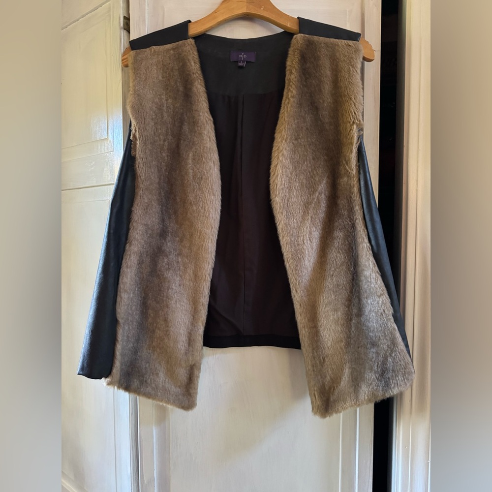 NYDJ Brown Faux Fur Vest with Black Faux Leather Sides